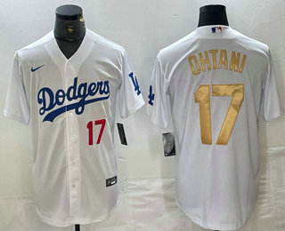 Men's Los Angeles Dodgers #17 Shohei Ohtani Number White Gold Stitched Cool Base Nike Jersey