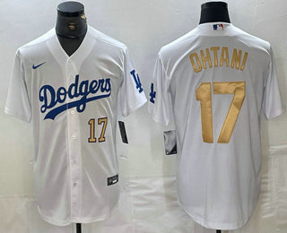 Men's Los Angeles Dodgers #17 Shohei Ohtani Number White Gold Stitched Cool Base Nike Jerseys