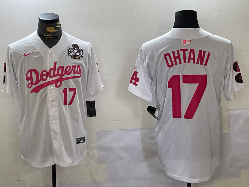 Men's Los Angeles Dodgers #17 Shohei Ohtani Number White Pink 2024 World Series Limited Cool Base Stitched Jersey