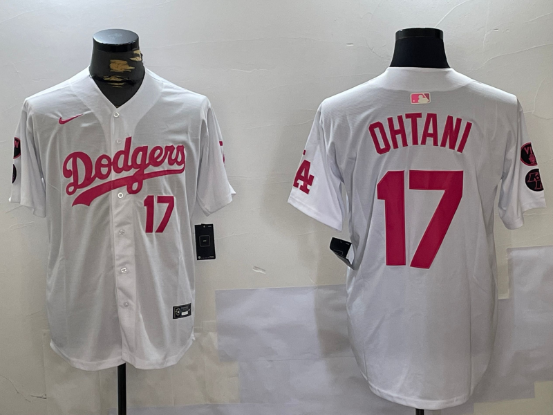 Men's Los Angeles Dodgers #17 Shohei Ohtani Number White Pink Limited Cool Base Stitched Jerseys