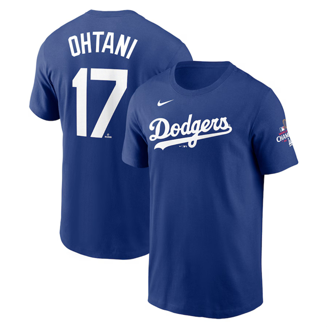 Men's Los Angeles Dodgers #17 Shohei Ohtani Royal 2024 World Series Champions Name & Number T-Shirt