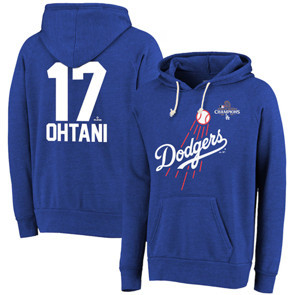 Men's Los Angeles Dodgers #17 Shohei Ohtani Royal 2024 World Series Champions Name & Number Tri-Blend Pullover Hoodie