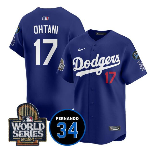 Men's Los Angeles Dodgers #17 Shohei Ohtani Royal 2024 World Series With Fernando Memorial Patch Limited Stitched Baseball Jersey1