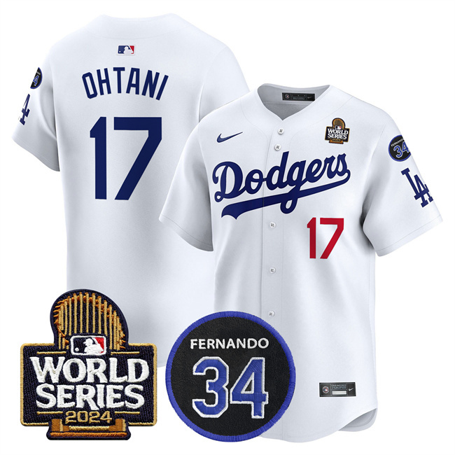 Men's Los Angeles Dodgers #17 Shohei Ohtani White 2024 World Series With Fernando Memorial Patch Limited Stitched Baseball Jersey