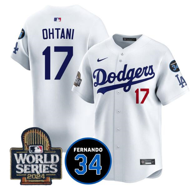 Men's Los Angeles Dodgers #17 Shohei Ohtani White 2024 World Series With Fernando Memorial Patch Limited Stitched Baseball Jersey1