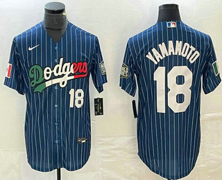 Men's Los Angeles Dodgers #18 Yoshinobu Yamamoto Number Navy Blue Pinstripe Mexico 2020 World Series Cool Base Nike Jersey