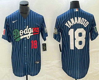 Men's Los Angeles Dodgers #18 Yoshinobu Yamamoto Number Navy Blue Pinstripe Mexico 2020 World Series Cool Base Nike Jersey1