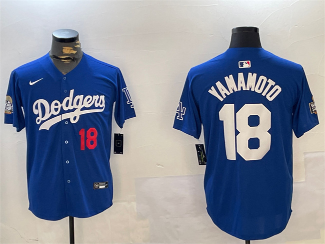 Men's Los Angeles Dodgers #18 Yoshinobu Yamamoto Royal 2024 World Series Patch Alternate Limited Stitched Baseball Jersey