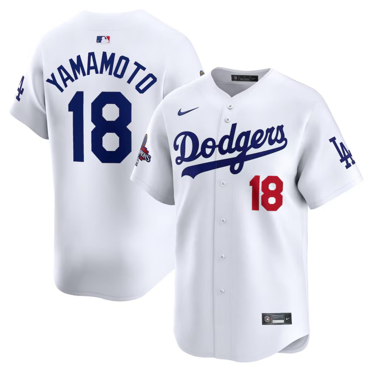 Men's Los Angeles Dodgers #18 Yoshinobu Yamamoto White 2024 World Series Champions Home Limited Stitched Baseball Jersey