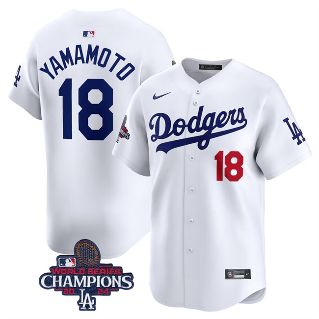 Men's Los Angeles Dodgers #18 Yoshinobu Yamamoto White 2024 World Series Champions Home Limited Stitched Baseball Jersey1