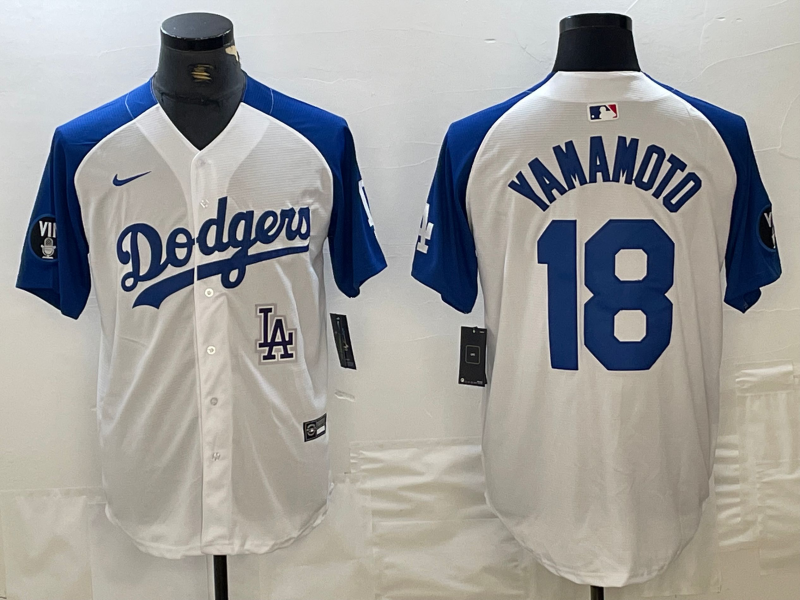 Men's Los Angeles Dodgers #18 Yoshinobu Yamamoto White Blue Fashion Stitched Cool Base Limited Jersey