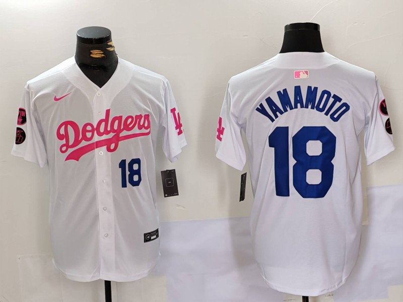 Men's Los Angeles Dodgers #18 Yoshinobu Yamamoto White Pink Vin & Kobe Patch Stitched Baseball Jersey