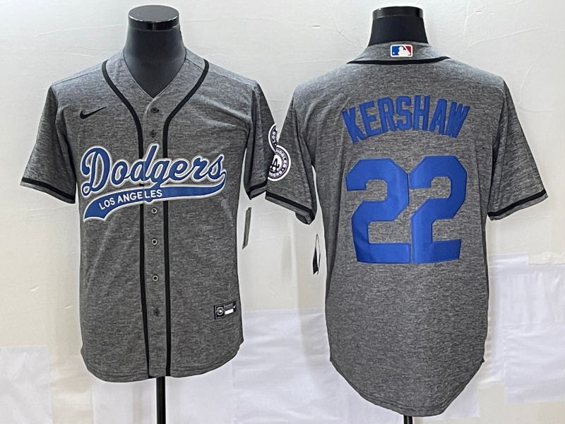 Men's Los Angeles Dodgers #22 Clayton Kershaw Grey Gridiron Cool Base Stitched Baseball Jersey