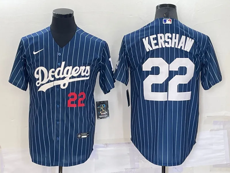 Men's Los Angeles Dodgers #22 Clayton Kershaw Number Red Navy Blue Pinstripe Stitched MLB Cool Base Nike Jersey