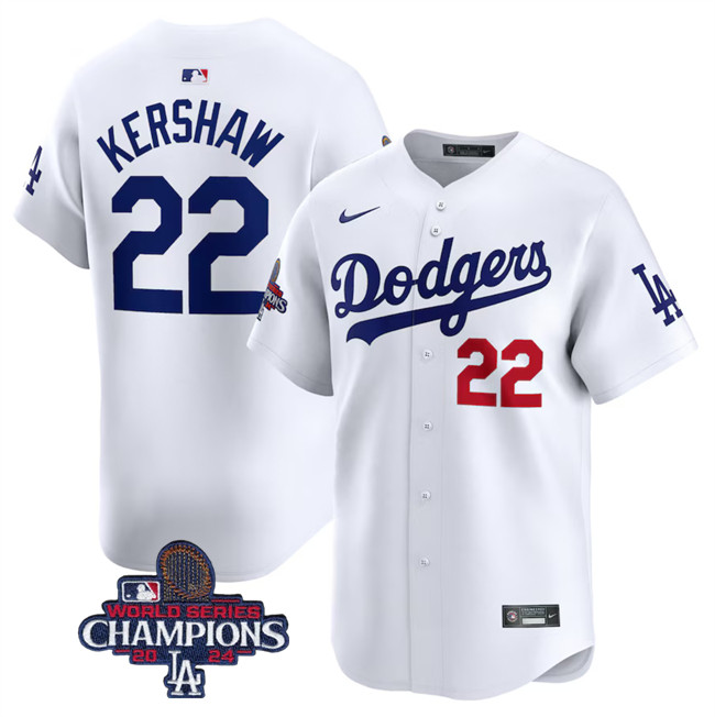 Men's Los Angeles Dodgers #22 Clayton Kershaw White 2024 World Series Champions Home Limited Stitched Baseball Jersey1