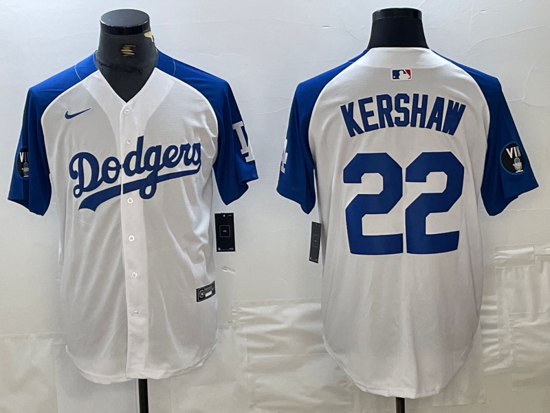 Men's Los Angeles Dodgers #22 Clayton Kershaw White Blue Fashion Stitched Cool Base Limited Jersey