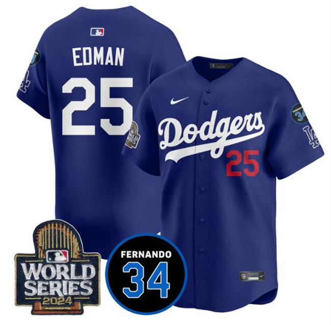 Men's Los Angeles Dodgers #25 Tommy Edman Royal 2024 World Series With Fernando Memorial Patch Alternate Limited Stitched Baseball Jersey