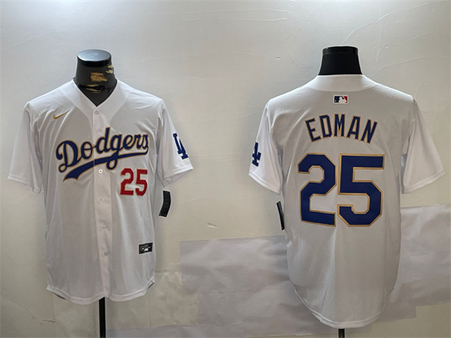 Men's Los Angeles Dodgers #25 Tommy Edman White Gold Home Limited Stitched Baseball Jersey