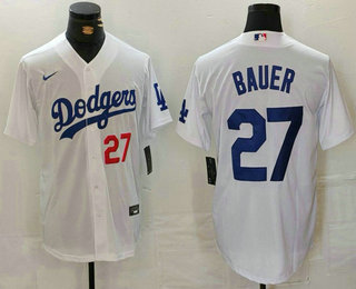 Men's Los Angeles Dodgers #27 Trevor Bauer Number White Stitched Jersey
