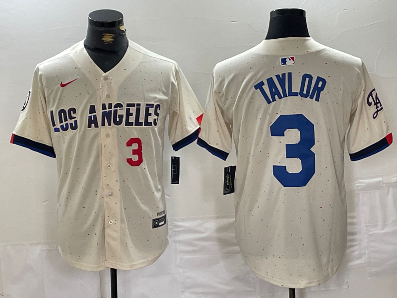 Men's Los Angeles Dodgers #3 Chris Taylor Number Cream 2024 City Connect Limited Stitched Jersey