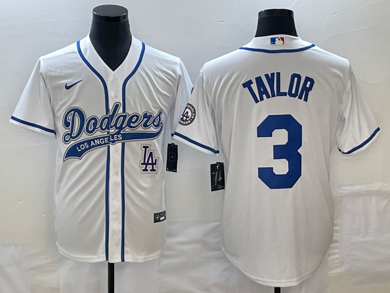 Men's Los Angeles Dodgers #3 Chris Taylor White With Patch Cool Base Stitched Baseball Jersey1