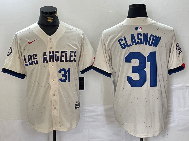 Men's Los Angeles Dodgers #31 Tyler Glasnow Number Cream Blue 2024 City Connect Limited Stitched Jerseys