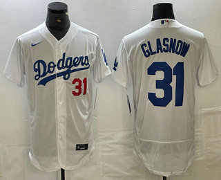 Men's Los Angeles Dodgers #31 Tyler Glasnow Number White Stitched Flex Base Nike Jersey