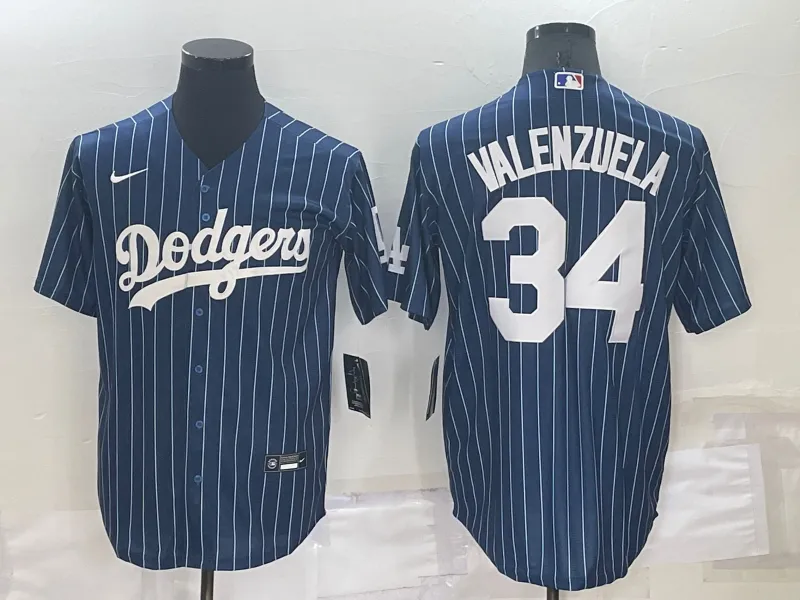 Men's Los Angeles Dodgers #34 Fernando Valenzuela Navy Blue Pinstripe Stitched MLB Cool Base Nike Jersey