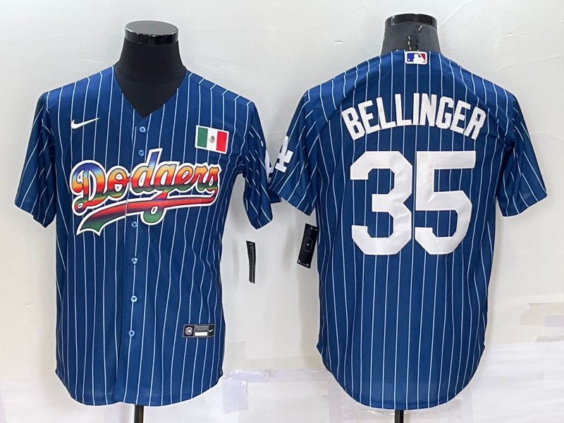 Men's Los Angeles Dodgers #35 Cody Bellinger Rainbow Blue Red Pinstripe Mexico Cool Base Nike Jersey