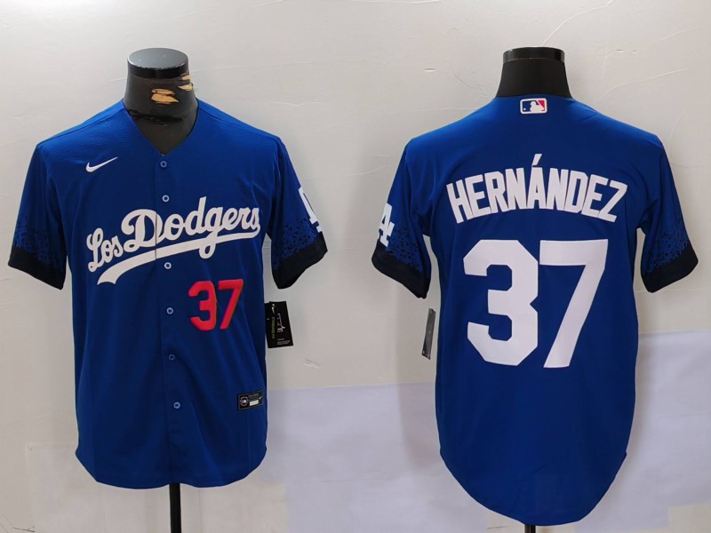 Men's Los Angeles Dodgers #37 Teoscar Hernández Blue Cool Base Stitched Baseball Jersey1