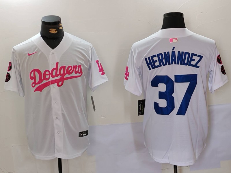 Men's Los Angeles Dodgers #37 Teoscar Hernández White Pink Vin & Kobe Patch Stitched Baseball Jersey