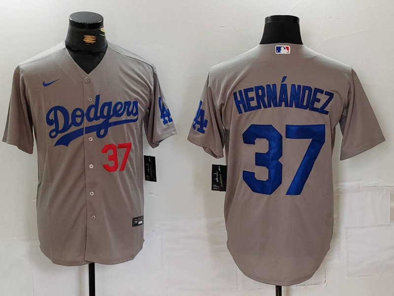 Men's Los Angeles Dodgers #37 Teoscar Hernandez Number Grey Cool Base Stitched Jersey