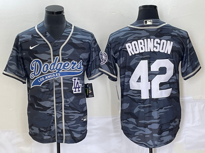 Men's Los Angeles Dodgers #42 Jackie Robinson Grey Camo Cool Base With Patch Stitched Baseball Jersey 1