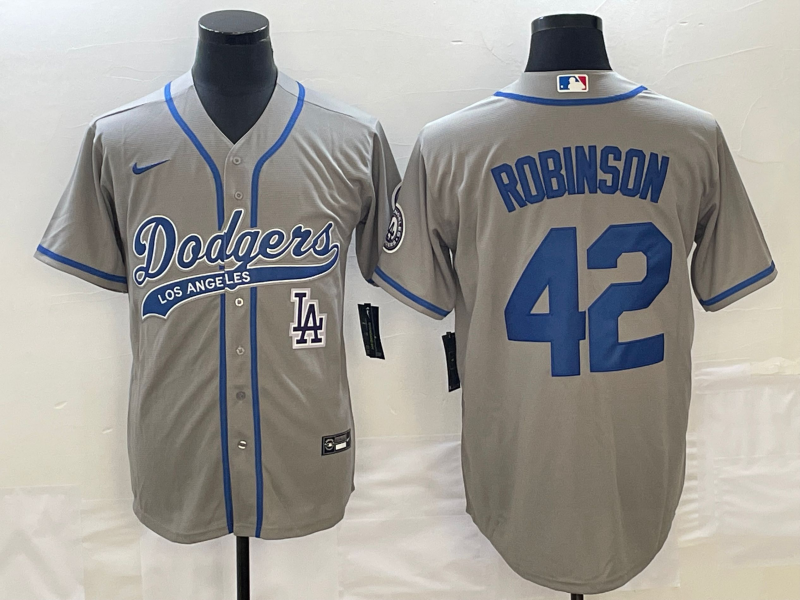 Men's Los Angeles Dodgers #42 Jackie Robinson Grey With Patch Cool Base Stitched Baseball Jersey