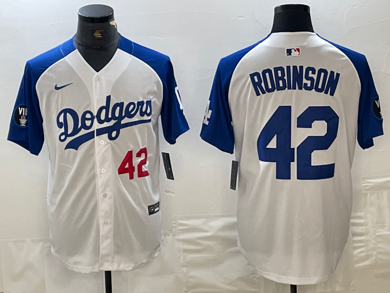 Men's Los Angeles Dodgers #42 Jackie Robinson Number White Blue Fashion Stitched Cool Base Limited Jerseys