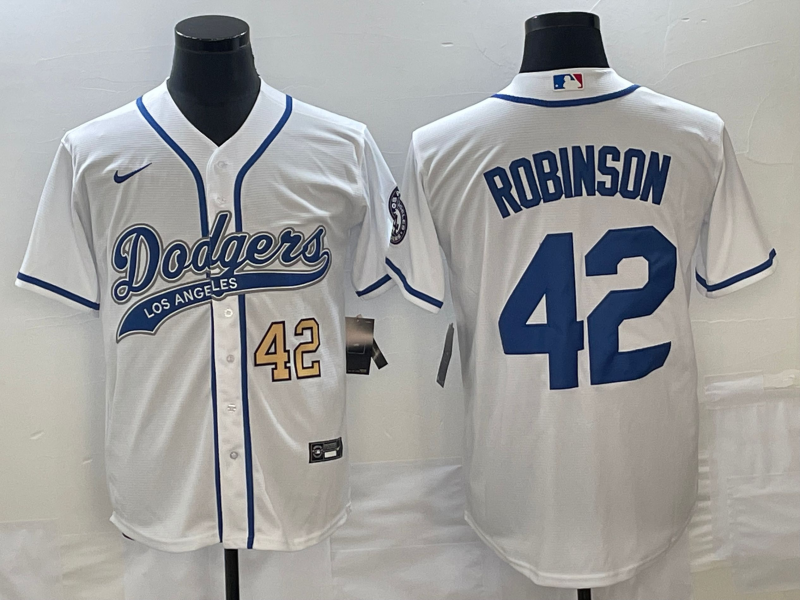 Men's Los Angeles Dodgers #42 Jackie Robinson Number White With Patch Cool Base Stitched Baseball Jersey