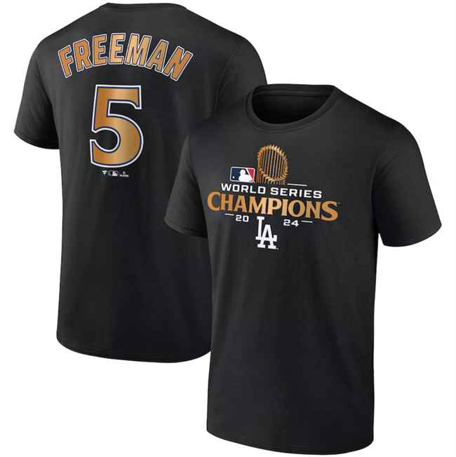 Men's Los Angeles Dodgers #5 Freddie Freeman Black 2024 World Series Champions Name & Number T-Shirt