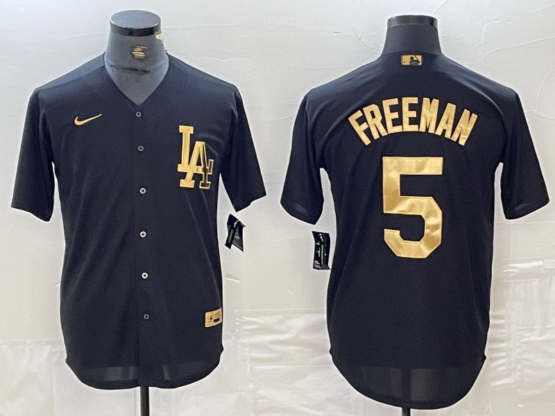 Men's Los Angeles Dodgers #5 Freddie Freeman Black Gold Cool Base Stitched Jersey