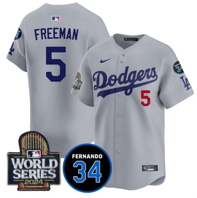 Men's Los Angeles Dodgers #5 Freddie Freeman Grey 2024 World Series With Fernando Memorial Patch Limited Stitched Baseball Jersey