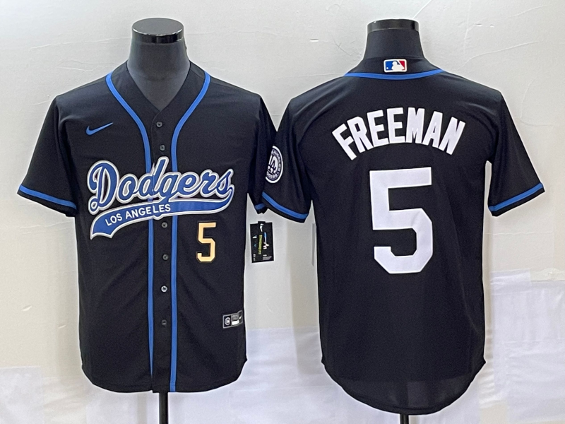 Men's Los Angeles Dodgers #5 Freddie Freeman Number Black Cool Base Stitched Baseball Jersey