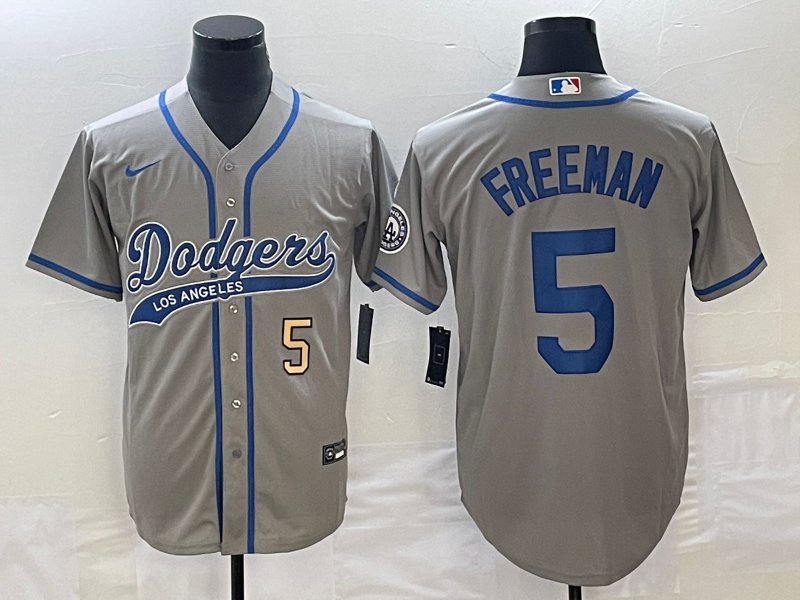 Men's Los Angeles Dodgers #5 Freddie Freeman Number Grey Cool Base Stitched Baseball Jersey