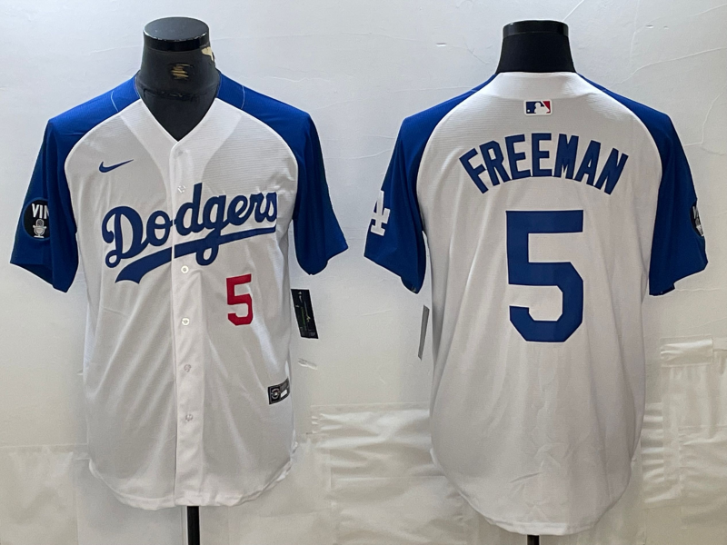 Men's Los Angeles Dodgers #5 Freddie Freeman Number White Blue Fashion Stitched Cool Base Limited Jerseys