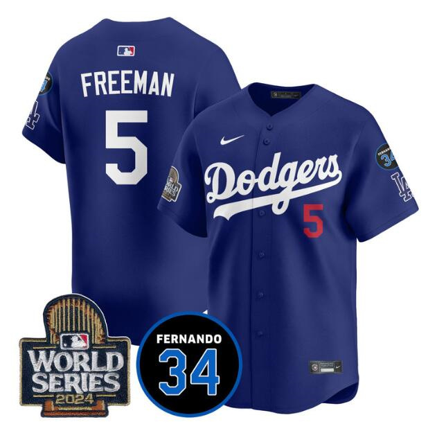 Men's Los Angeles Dodgers #5 Freddie Freeman Royal 2024 World Series With Fernando Memorial Patch Limited Stitched Baseball Jersey1