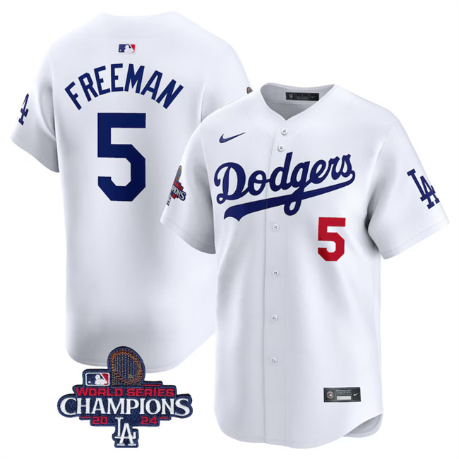 Men's Los Angeles Dodgers #5 Freddie Freeman White 2024 World Series Champions Home Limited Stitched Baseball Jersey1