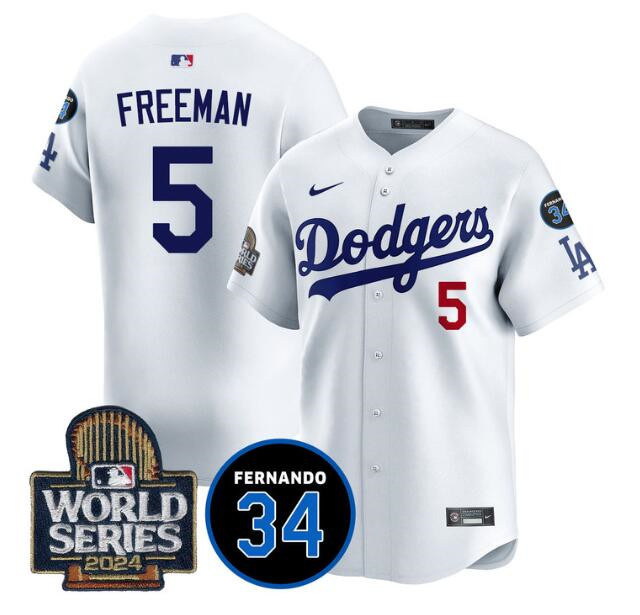 Men's Los Angeles Dodgers #5 Freddie Freeman White 2024 World Series With Fernando Memorial Patch Limited Stitched Baseball Jersey1