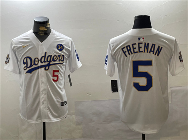 Men's Los Angeles Dodgers #5 Freddie Freeman White Gold 2024 World Series With No. 34 Patch Home Limited Stitched Baseball Jersey