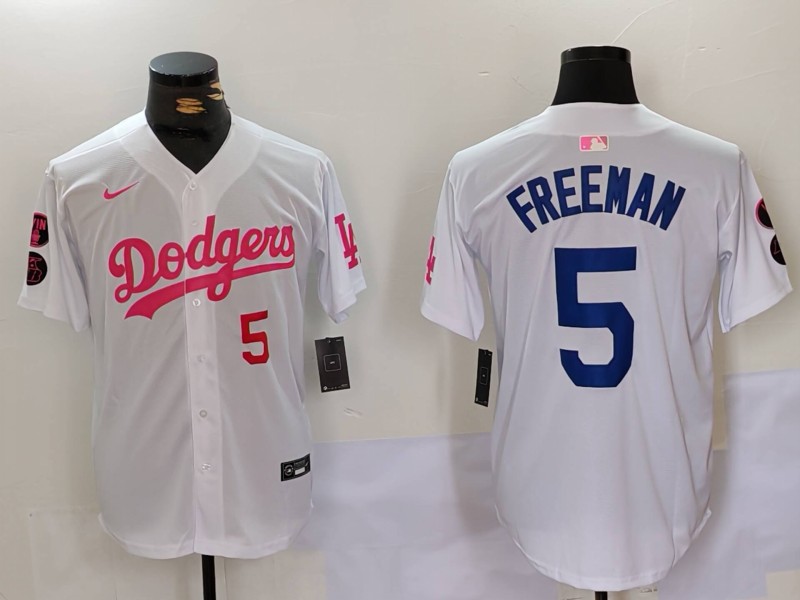 Men's Los Angeles Dodgers #5 Freddie Freeman White Pink Vin & Kobe Patch Stitched Baseball Jerseys