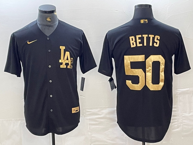 Men's Los Angeles Dodgers #50 Mookie Betts Black Gold Cool Base Stitched Jersey