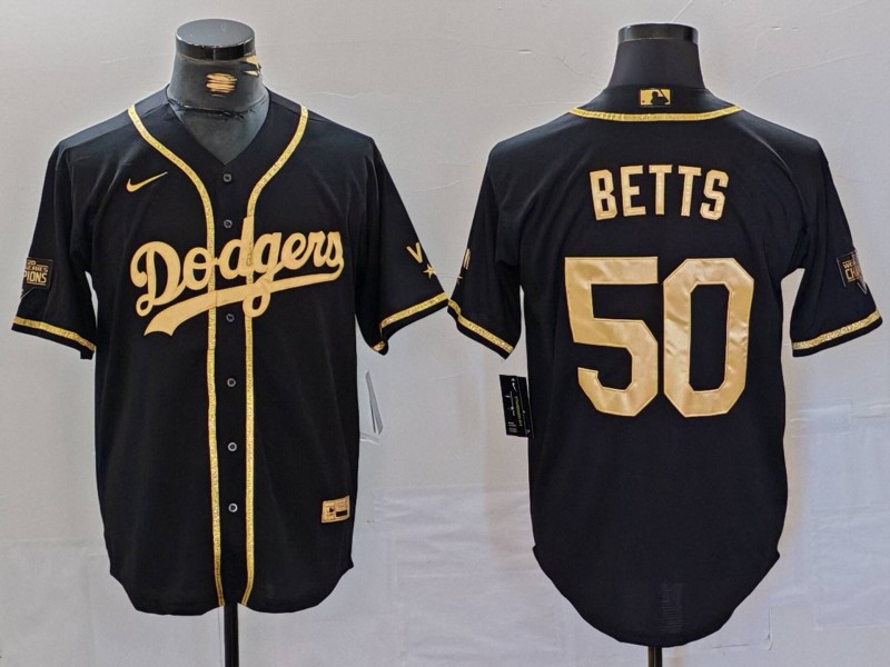 Men's Los Angeles Dodgers #50 Mookie Betts Black Gold World Series Champions Cool Base Stitched Jersey