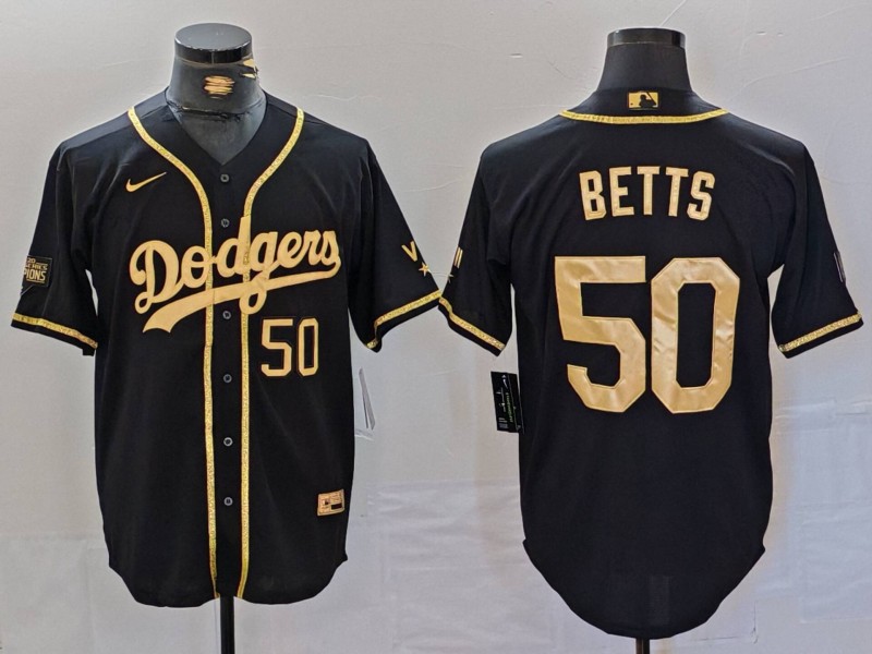 Men's Los Angeles Dodgers #50 Mookie Betts Number Black Gold World Series Champions Cool Base Stitched Jersey